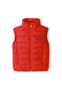 Bright red boys padded gilet with mn97 logo and accents
