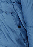 Blue quilted boys padded jacket with black buttons and hooded design