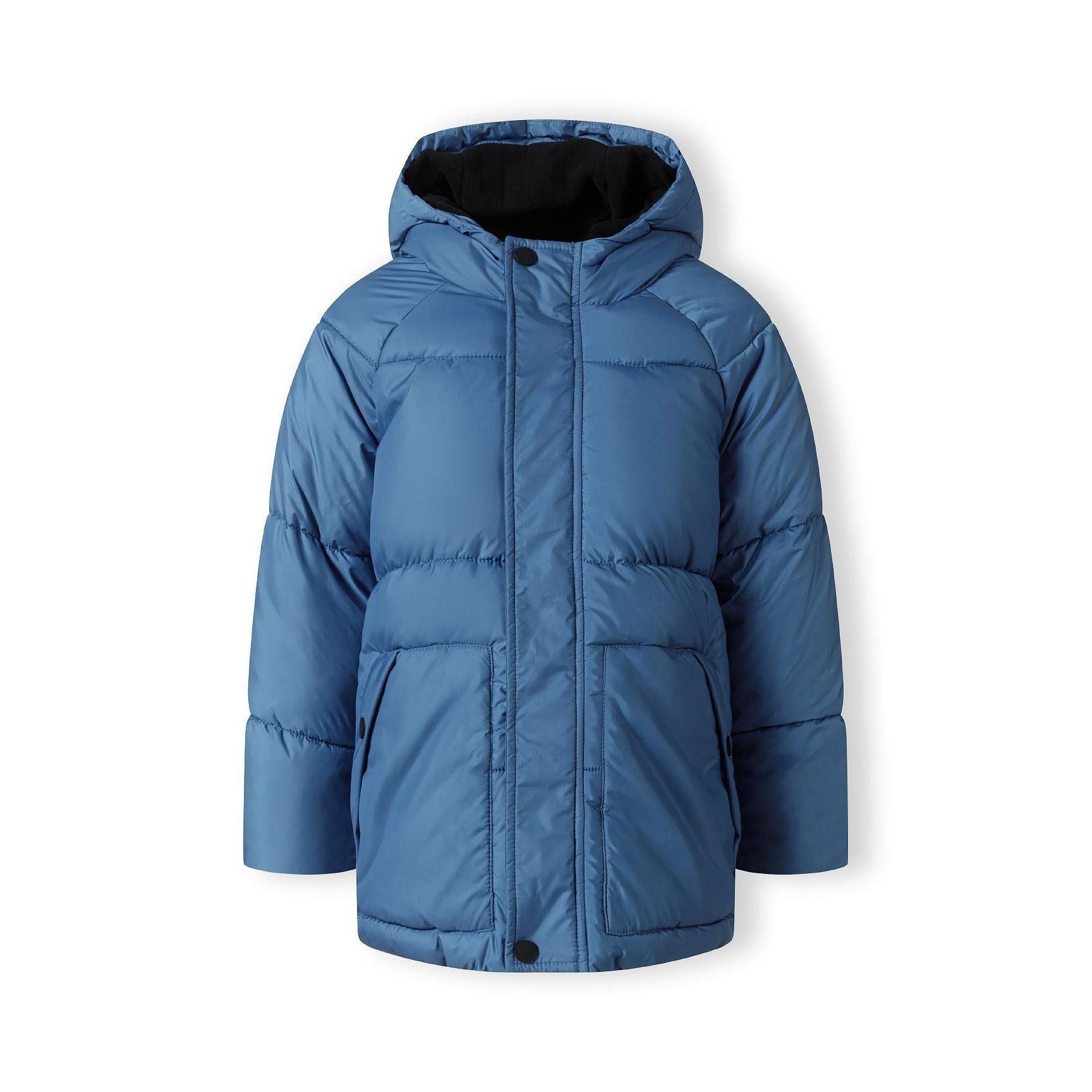 Blue padded jacket laid flat showing front view with hood, zip fastening, front pockets and Minoti label visible inside
