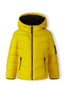 Bright yellow boys padded jacket with hood, black accents and zipper details