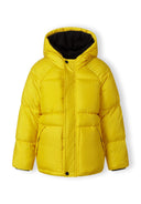 Boys padded jacket in bright yellow with black-trimmed hood