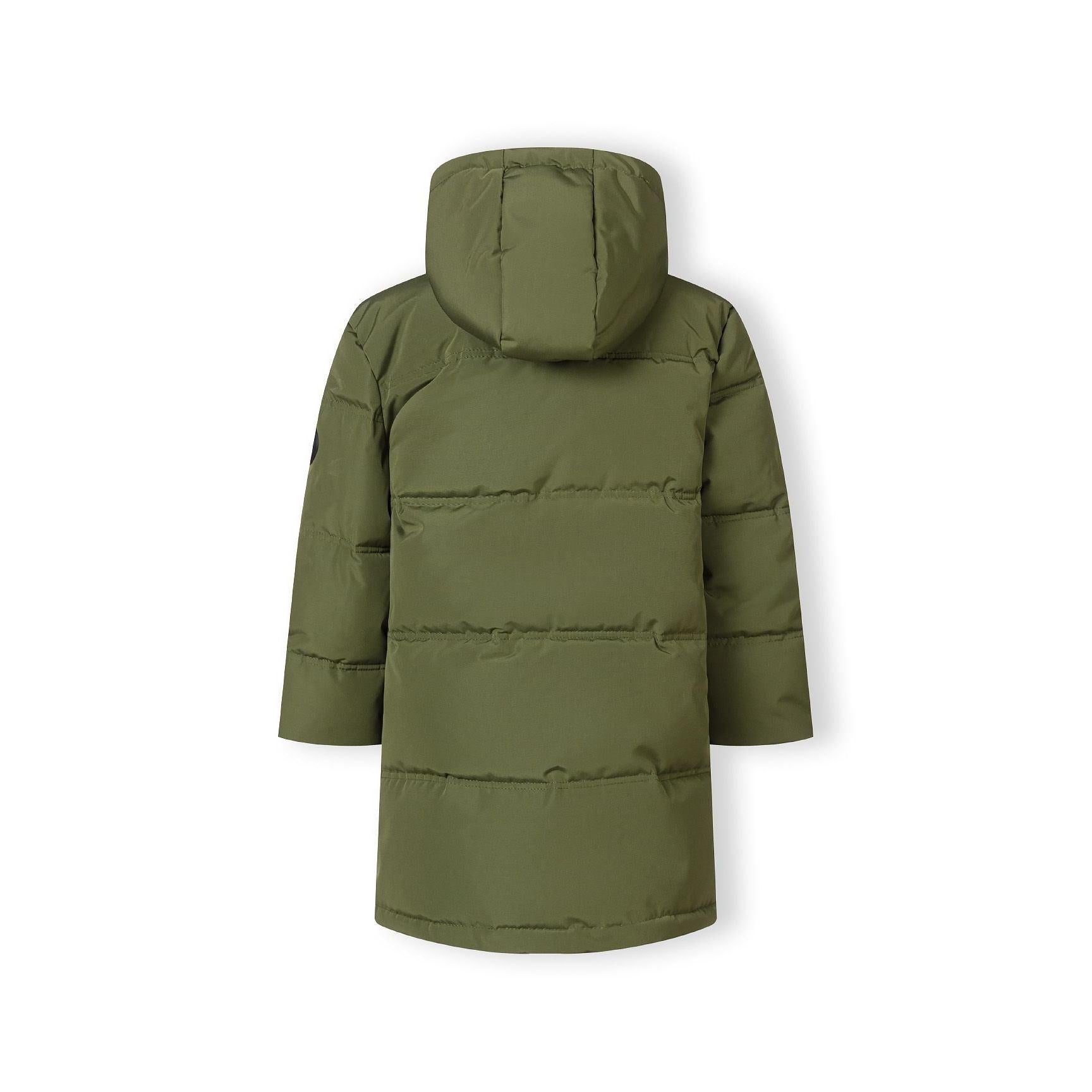 Close-up detail of khaki parka fabric with black zipper and quilted padding construction visible