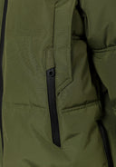 Boys padded jacket in olive green with black zipper and quilted seams