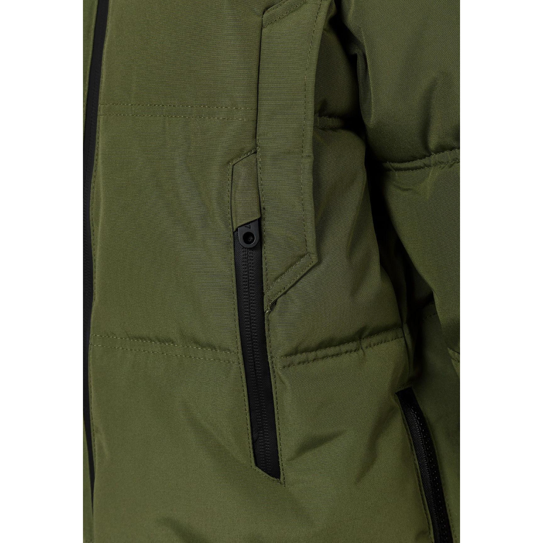 Close-up detail of khaki parka fabric with black zipper and quilted padding construction visible