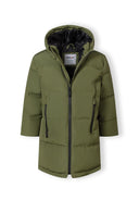 Boys padded jacket in olive green with black zipper, hooded, minimalist design