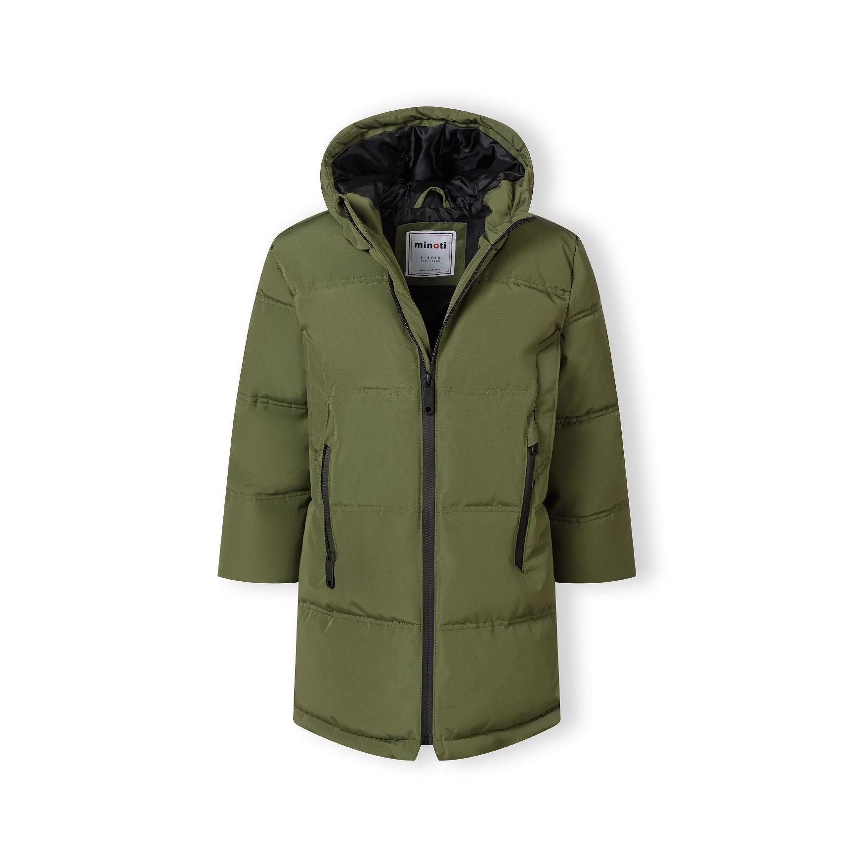 Khaki padded parka jacket laid flat showing full front zip, hood with black lining, and Minoti label inside collar