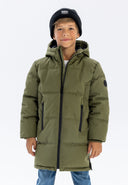Boys olive green padded jacket with black zipper and side pockets