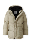 Boys beige padded jacket with quilted hood and raglan sleeves