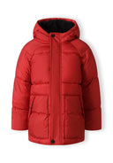 Red boys padded jacket with hood and black lining