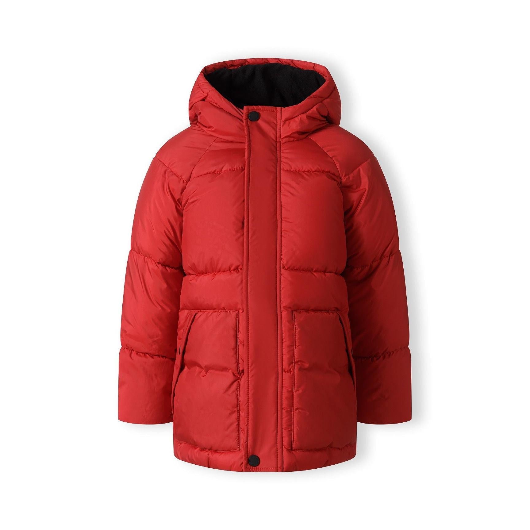 Red padded winter jacket laid flat showing front view with hood, zip closure, Minoti brand label, and raglan sleeve construction