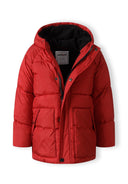 Red boys padded jacket with quilted design, hood, and pockets