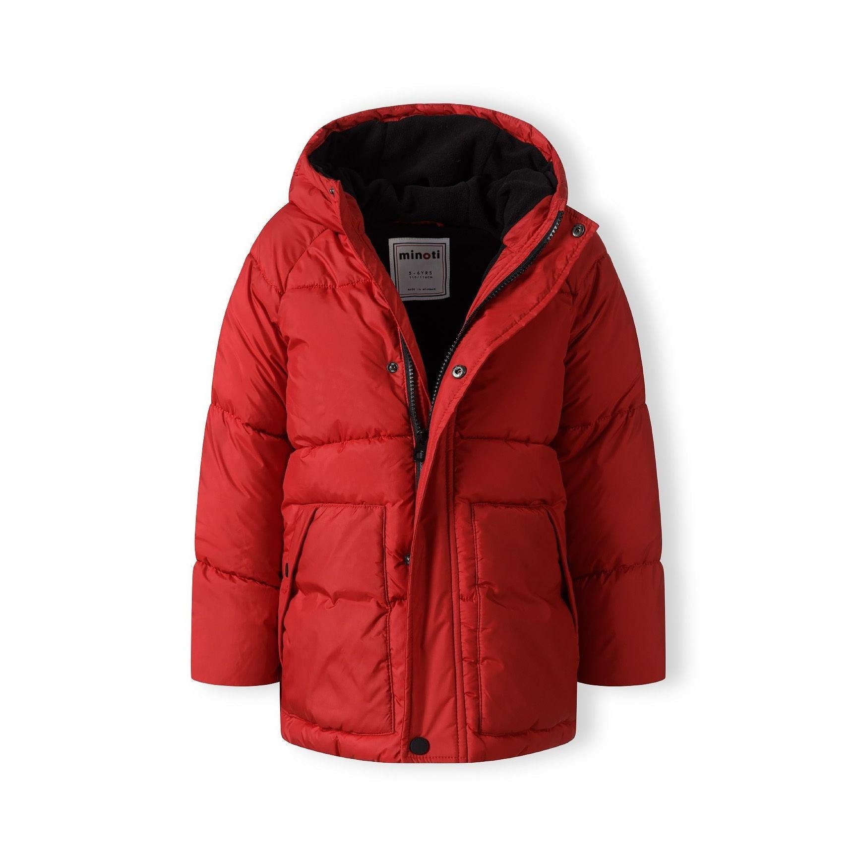 Red padded winter jacket laid flat showing front view with hood, zip closure, Minoti brand label, and raglan sleeve construction