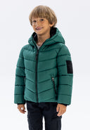 Boys padded jacket in teal quilted puffer design with hood