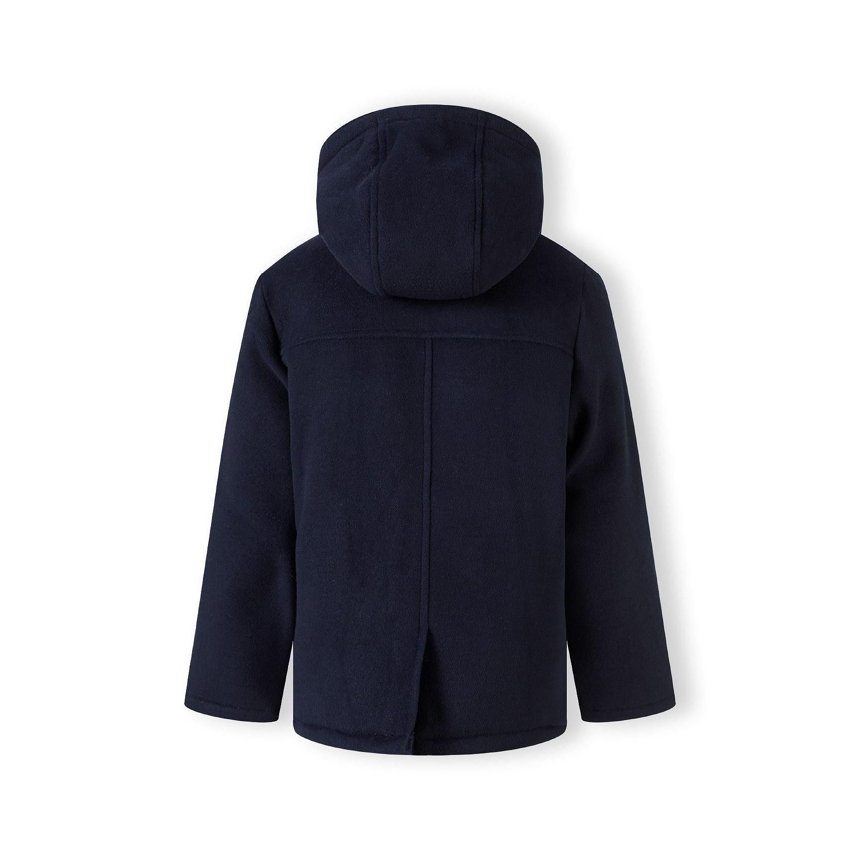 Back view of navy padded duffle coat showing hood detail and overall silhouette on white background