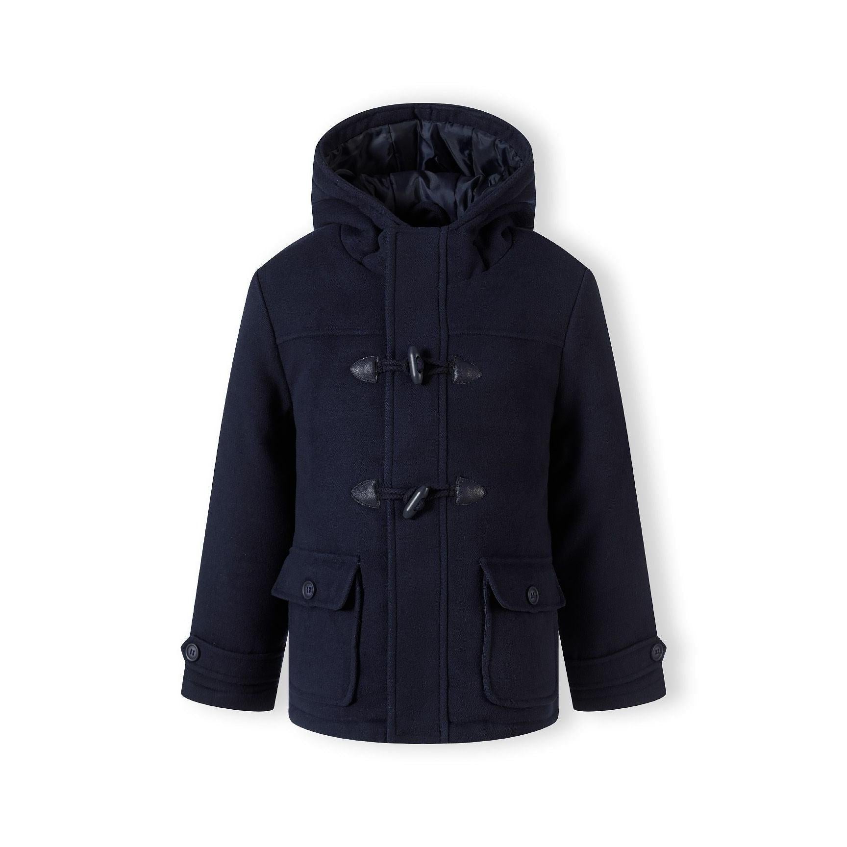 Back view of navy padded duffle coat showing hood detail and overall silhouette on white background