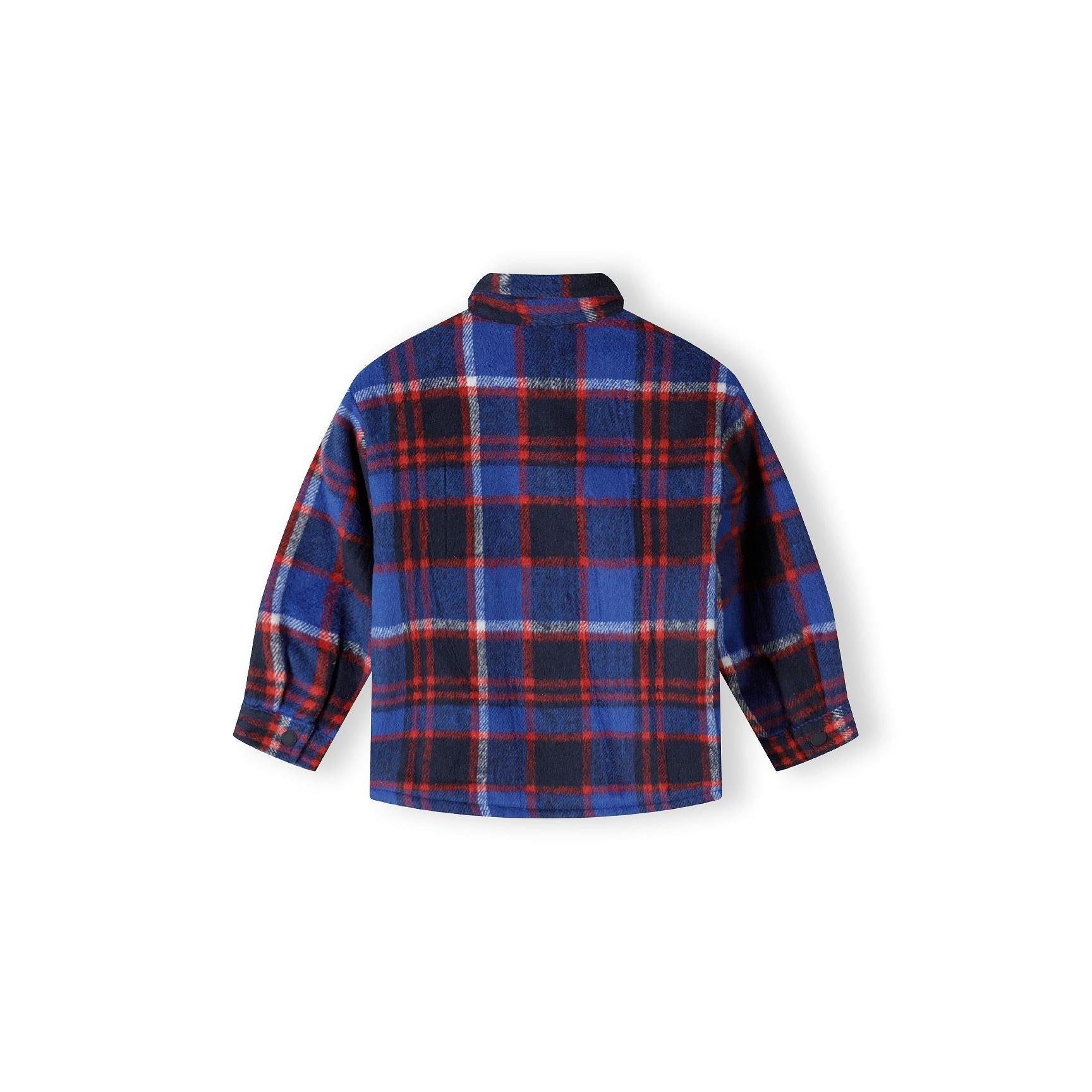 Back view of blue check padded shirt jacket laid flat showing quilted pattern and button closure details