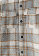 Boys padded shirt jacket in gray beige plaid flannel with black buttons