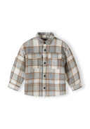 Boys padded shirt jacket in gray beige plaid flannel with pockets