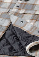 Boys padded shirt jacket in gray beige plaid flannel with quilted black lining