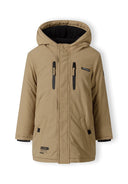 Boys parka jacket in tan with black zipper pulls and quilted hood