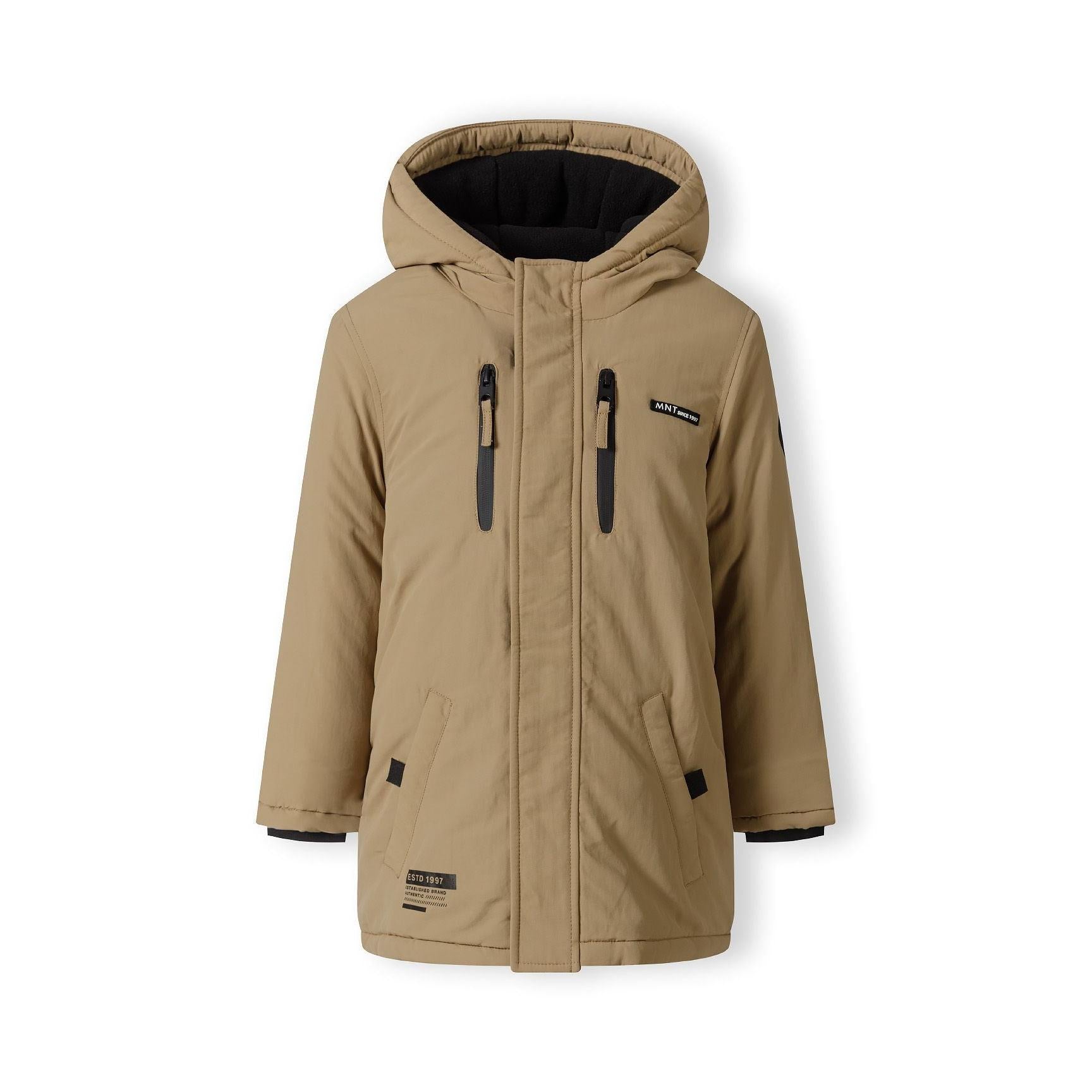 Beige parka jacket laid flat showing front zip closure, black sherpa lining visible in hood, and multiple pockets
