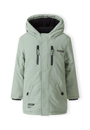 Boys parka jacket in sage green with quilted hood and black trim