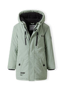 Sage green boys parka jacket with quilted hood and black trim