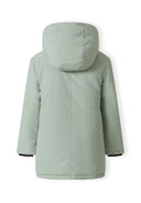 Boys parka jacket in soft sage green with quilted hood and black trim
