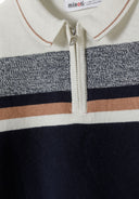Boys polo style cotton sweater with navy blue and beige stripes