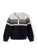 Boys polo style cotton sweater in navy blue and cream stripes