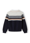 Boys polo style cotton sweater in navy blue, white, gray, and beige stripes