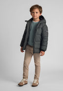 Boys PU jacket with hood zip pockets in dark gray quilted design