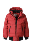 Boys quilted padded red jacket with black trim and hood