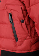 Boys quilted padded red jacket with black zipper trim and hood