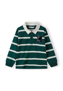 Boys rugby style longsleeve shirt in green white stripes with cream collar and black m embroidery