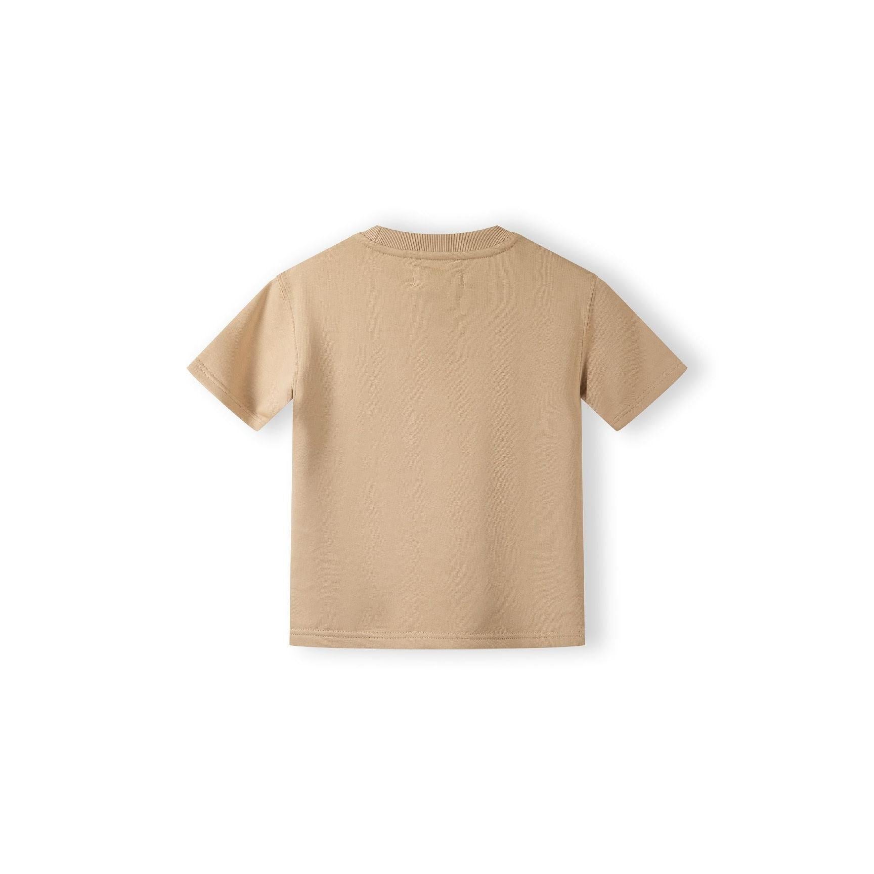 Back view of beige cotton t-shirt showing plain design and ribbed crew neckline on white background