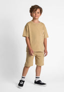 Boys short sleeve beige cotton tee with chest pocket and embroidered logo