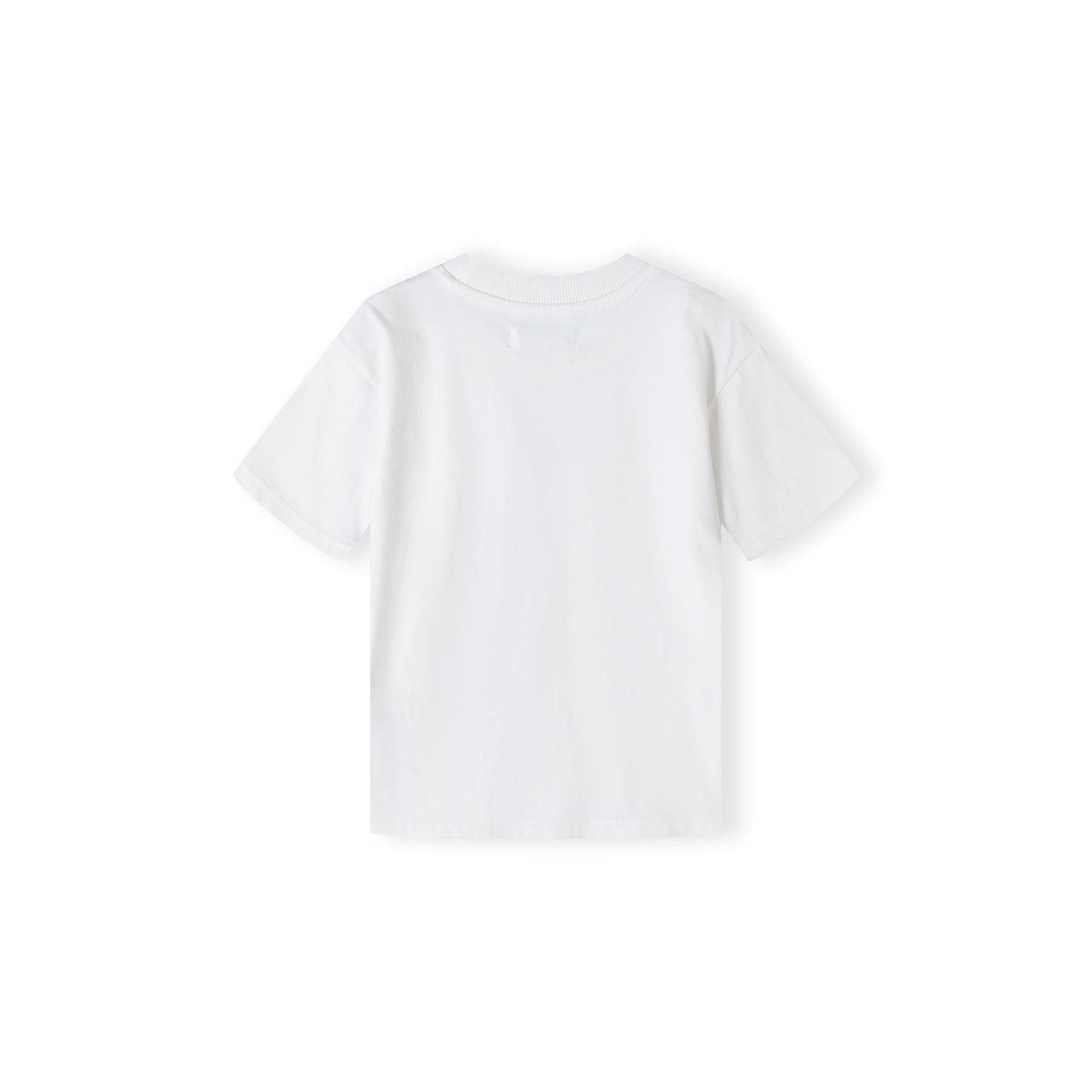 White cotton t-shirt laid flat showing crew neckline and embroidered chest detail on clean background