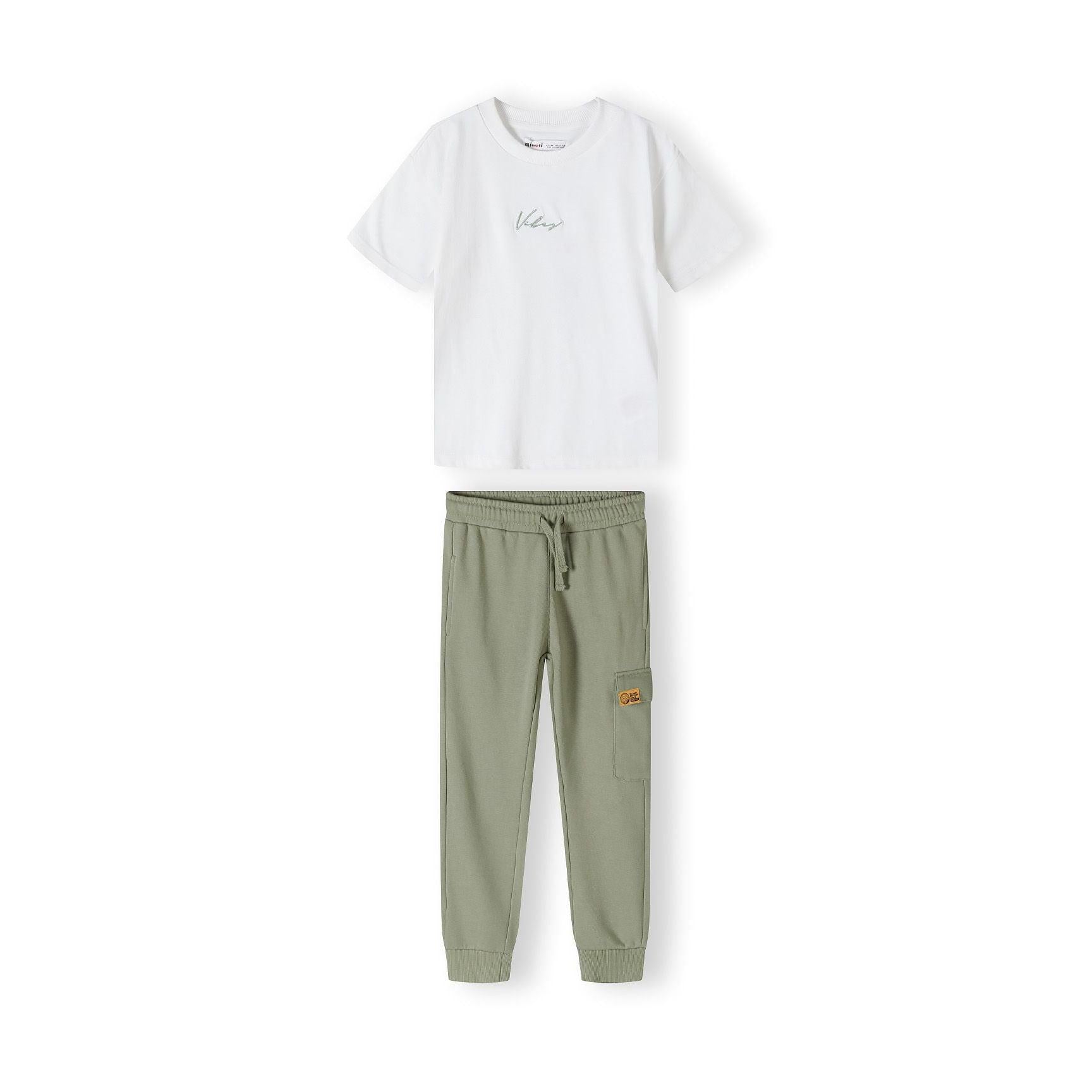 White cotton t-shirt laid flat showing crew neckline and embroidered chest detail on clean background