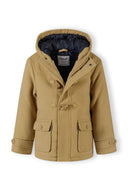 Boys tan wool duffle coat with toggle fastenings and blue-lined hood