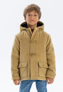 Boys tan wool duffle coat with hood and toggle fastenings