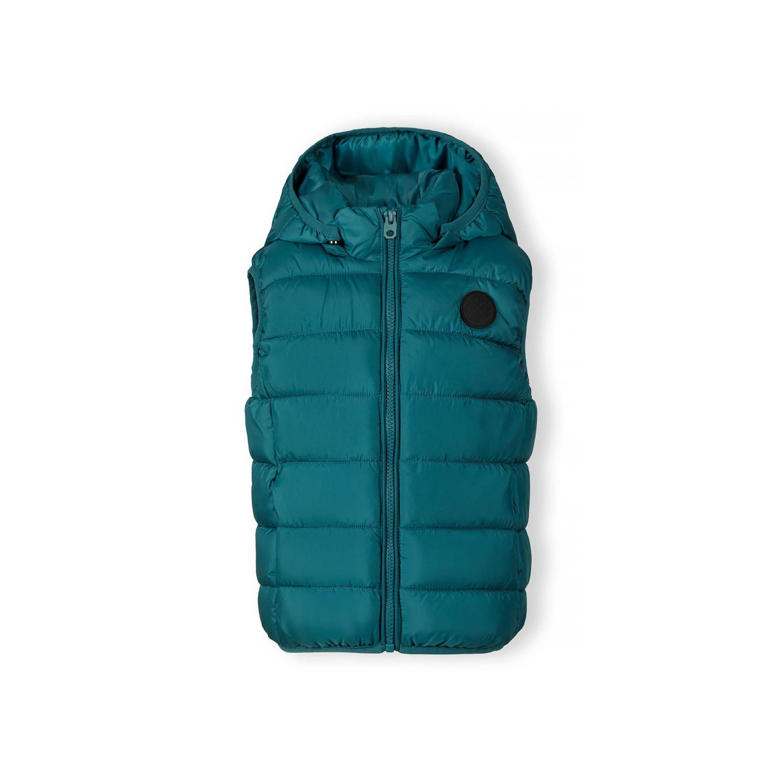 Green padded gilet laid flat showing front view with detachable hood, full-length zip and quilted panels on white background