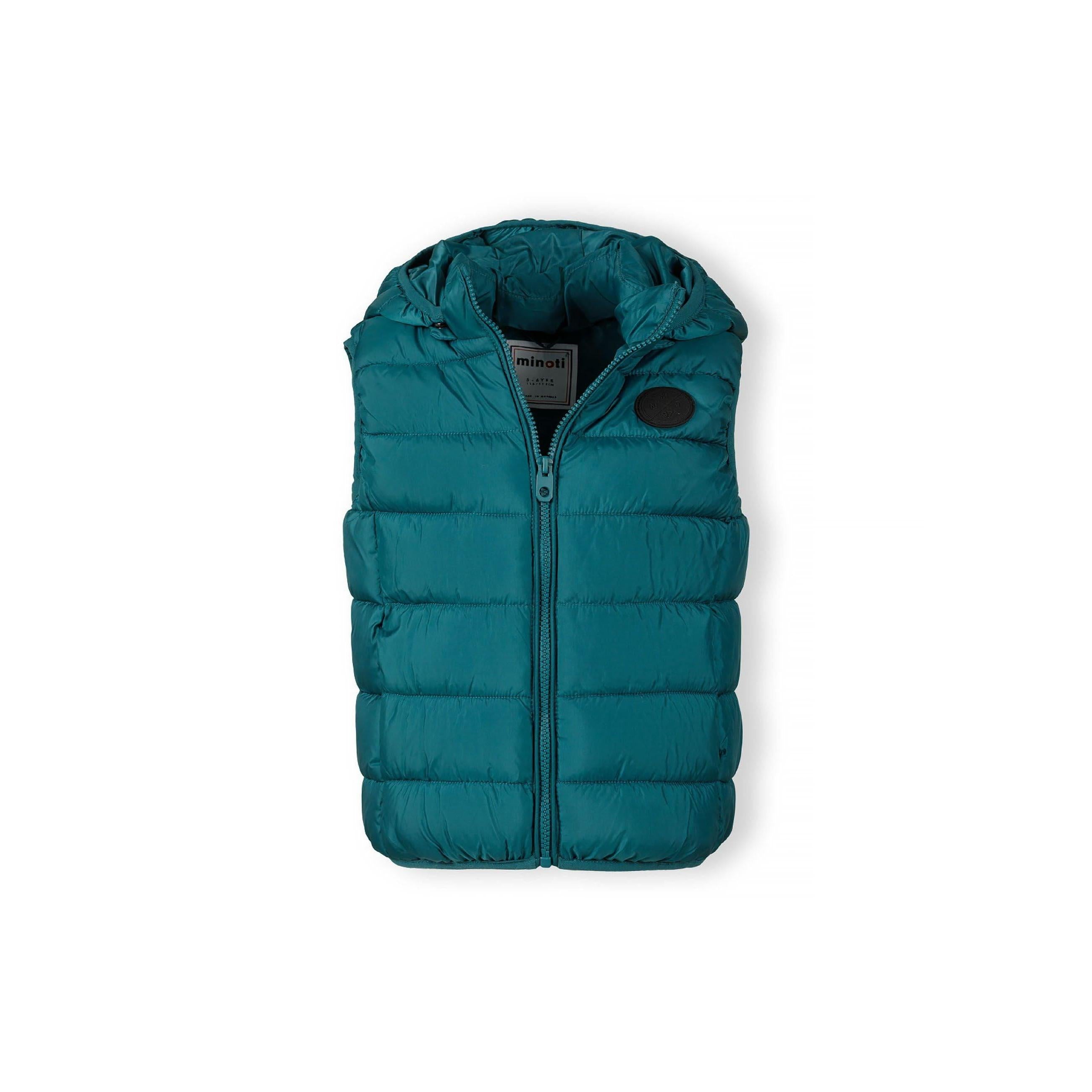 Green padded gilet laid flat showing front view with detachable hood, full-length zip and quilted panels on white background