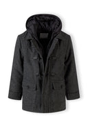 Boys tweed duffle coat in dark gray with quilted nylon hood