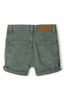 Boys twill short in olive green denim with rolled cuffs and leather patch