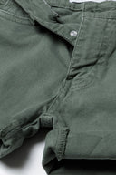 Boys twill short in olive green denim with frayed hem and silver button