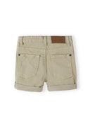 Boys twill shorts in beige denim with rolled cuffs and brown leather patch