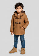 Boys warm duffle coat in tan wool with fleece-lined hood and toggles