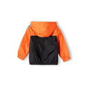 Boys orange and black hooded windbreaker coat with printed sleeve tape.