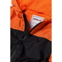 Boys orange and black hooded windbreaker coat with a center zip and Minoti brand tag.